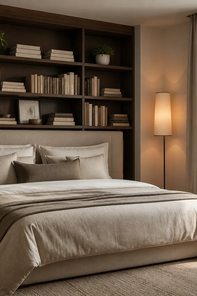 A tall bookcase headboard behind the bed. Shelves hold books and two small plants in ceramic pots. A recessed floor lamp stands in the corner with a warm shade. The bedding is neutral and the room feels structured.
