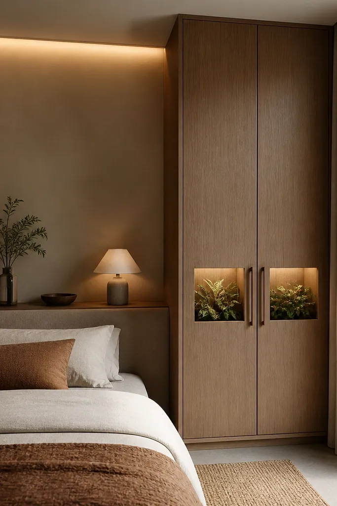 A tall wardrobe cabinet near the bed with two door panels that have small planter inserts. A warm sconce strip runs along the wall above the cabinet area. A small table lamp sits on a narrow ledge. Plants are visible through the door planter openings.