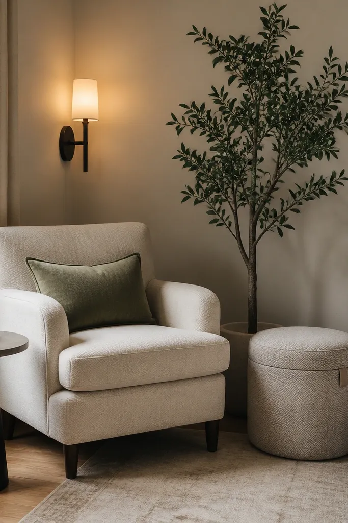 A small reading chair in a bedroom corner with a storage ottoman beside it. A tall floor plant sits behind the ottoman. Wall lights are mounted at shoulder height with warm bulbs. A side table holds a book and a glass of water.