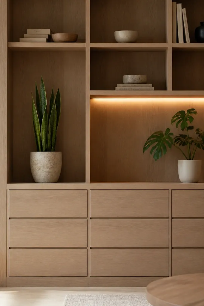 A built-in storage wall with open cubbies and closed drawers. Plants sit in two cubbies: one snake plant and one small monstera in a light pot. A warm LED strip light runs along the edge of a shelf, giving a soft glow.