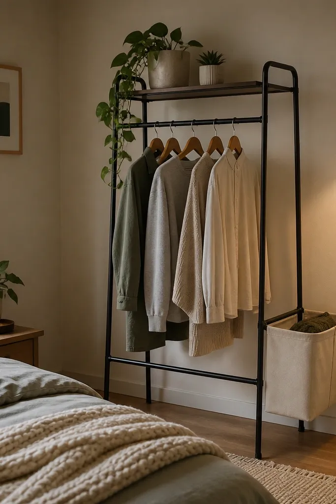 A black garment rack near the bedroom wall with a shelf attached at the top. Small planters sit on the shelf, including a pothos and a small succulent. A floor lamp with a wide shade washes light across the wall. A fabric storage bin hangs on the rack lower side.