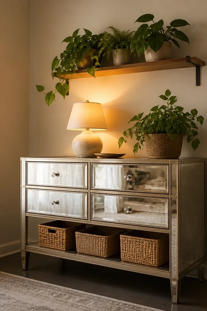 A mirrored dresser with a small plant shelf attached to the wall behind it. Plants are placed on the shelf with a single warm lamp creating a halo reflection on the mirror. A few storage baskets sit on the lower shelf of the dresser.