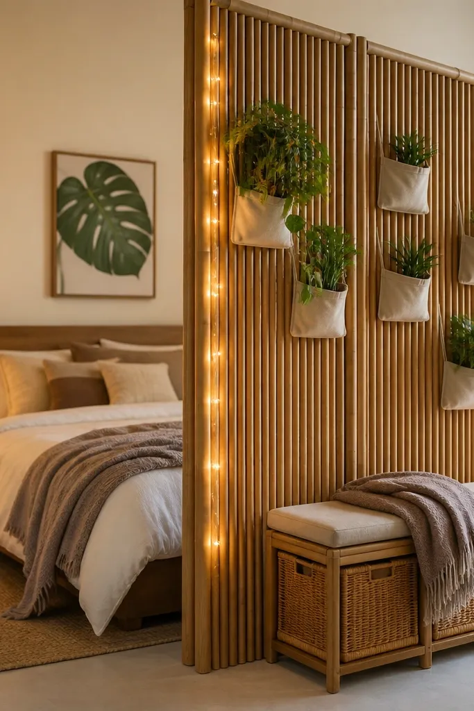 A bamboo room divider placed beside the bed area. Plant pockets hang from the divider with small pots or removable planters. Warm string sconces line the divider edges, glowing softly. A small storage bench sits behind the divider with a folded throw.