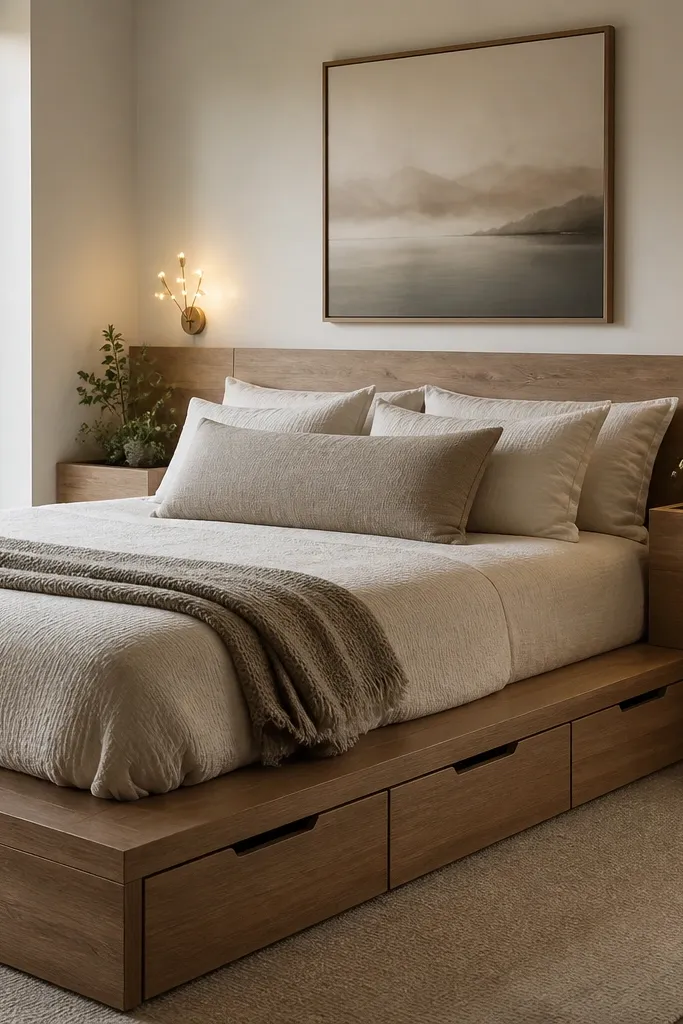 A platform bed with drawers underneath. On the headboard side panels are built-in planter boxes with small plants. Tiny warm fairy sconces sit on the wall beside the bed, casting a gentle glow. Bedding is neutral and textured.