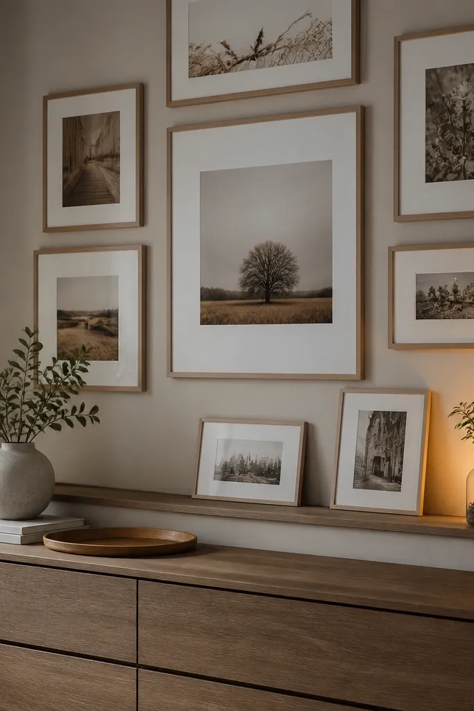 A gallery wall above a dresser with a narrow storage ledge holding framed prints. On the ledge's right side sits a backlit jar planter with a small plant inside. A small warm lamp behind the jar creates a glow. The rest of the wall has framed photos in matching frames.