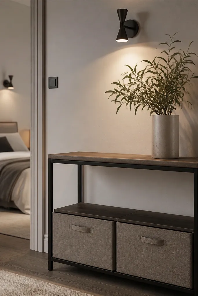 An entry console table placed just outside the bedroom door. A small plant in a tall pot sits on the console. Wall-mounted lights above aim down on the console and the plant. Under the console, two fabric drawers hide shoes and bags.