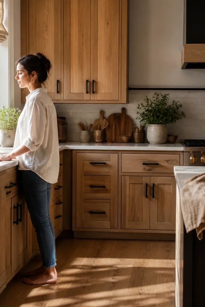 Shaker-style white oak cabinets with visible paneling. Oil-rubbed bronze bar pulls on drawers and doors. A black faucet and black pendant light hang over a white countertop.