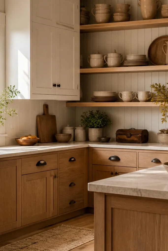 Kitchen with white upper cabinets and beadboard panels inside. Lower cabinets are white oak with a natural matte finish. The dining area shows a light wood table and a simple runner on the counter.