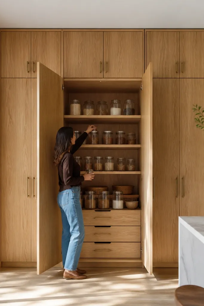 A tall pantry wall in white oak cabinets reaching near the ceiling. Doors have vertical grain and simple hardware. Inside shelves are visible with light wood and neatly arranged jars.