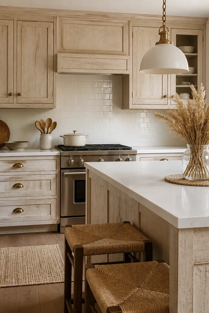 Rustic distressed white oak cabinets with slightly uneven grain and light wear marks. Warm white backsplash tiles. Linen roman shades hang at the window behind the dining nook.