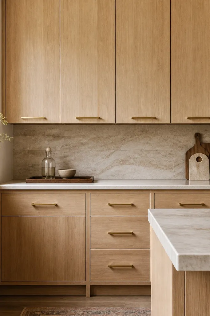 Rift-sawn white oak cabinets with straight, calm grain lines. Minimal bar pulls in brushed brass. Clean white walls and a light stone countertop.