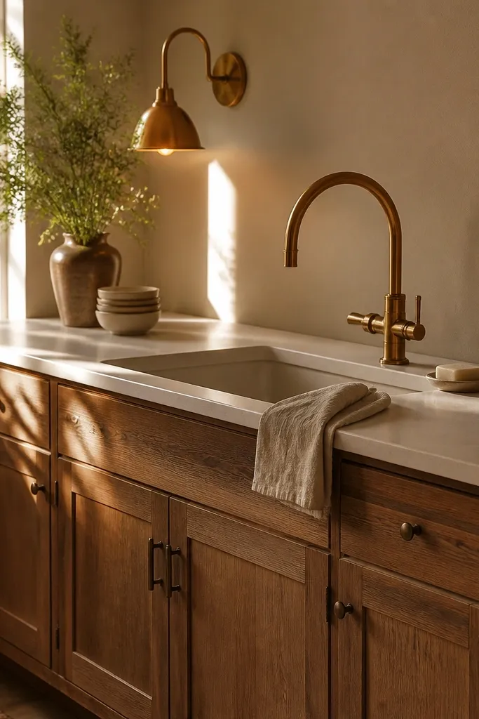 White oak kitchen cabinets with warm rustic grain. A soft white countertop and a warm brass faucet. Cabinets have simple rounded knobs and a light backsplash.