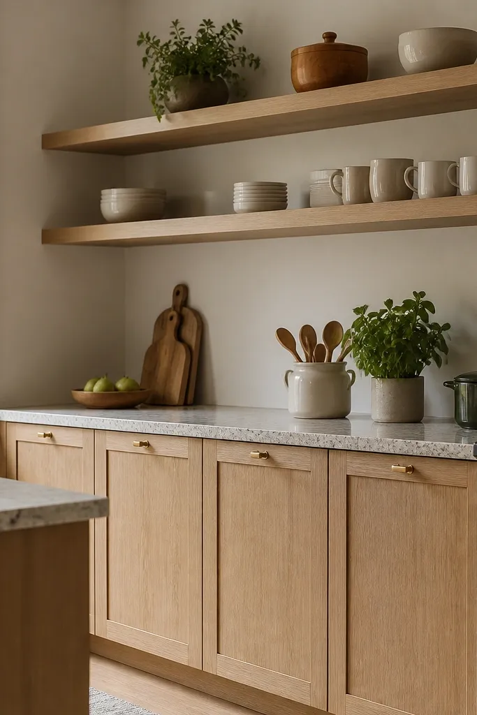 Top open shelves in white oak with a few ceramic bowls. Bottom cabinets are solid white oak doors with matte finish. The dining area has a wooden chair and a neutral runner.