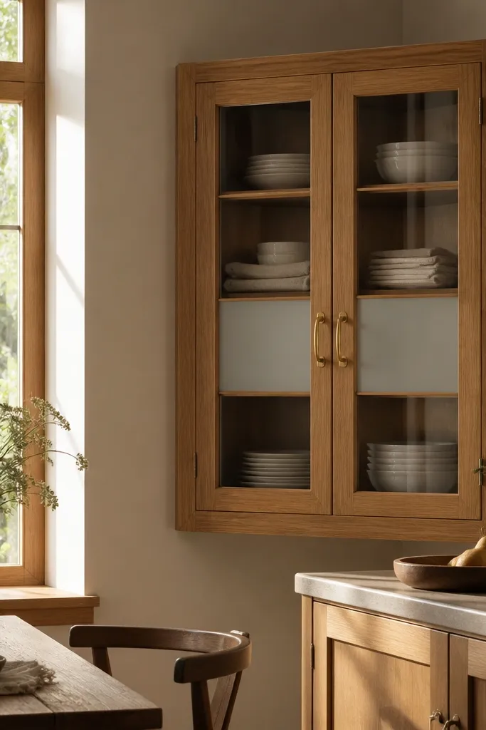 A corner cabinet in white oak with glass doors framed in wood. The glass is lightly frosted. Inside are neatly stacked plates and a small wooden riser.