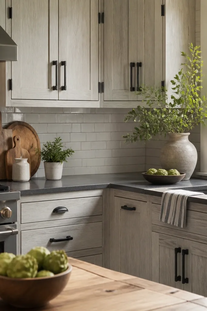 White oak cabinets with a subtle gray glaze wash over the grain. Hardware is matte black. The kitchen has a light gray backsplash and warm lighting.