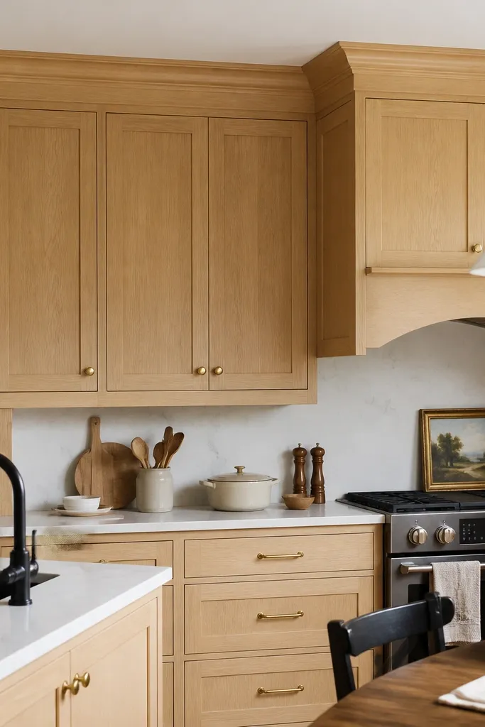 Shaker white oak cabinets with a detailed crown molding and a small trim return above the uppers. The kitchen ceiling is painted warm white. Hardware is brushed brass.