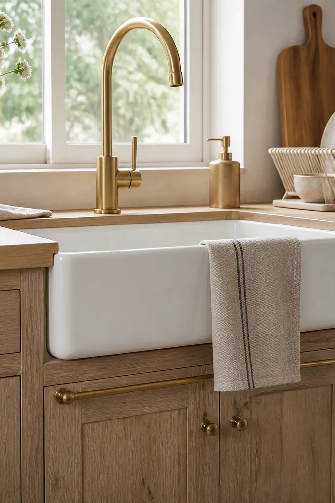 White oak cabinets with a farmhouse apron sink at the island or base run. A soft brass faucet and brass soap tray sit on the counter. Cabinets have simple knobs.