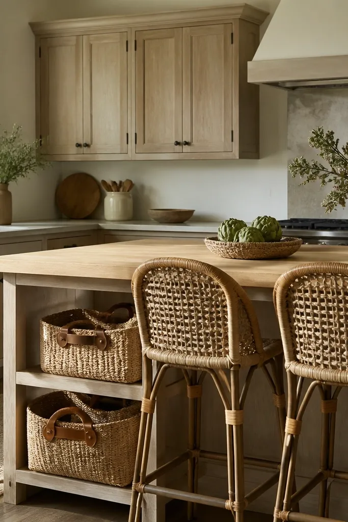 White oak kitchen cabinets with matte finish. A kitchen island has two rattan counter stools. Woven baskets sit in the open cabinet niche and on a shelf.
