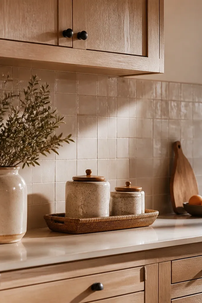 White oak cabinets in matte finish. Backsplash is warm white tile with slight texture. Counters show handmade ceramic canisters and a ceramic utensil crock.