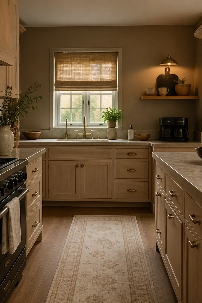 White oak cabinets with rounded bar pulls in brushed brass. Walls are warm taupe. The backsplash is off-white and the dining table has beige linen napkins.
