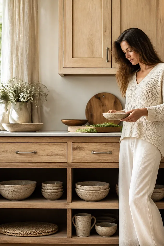 Closed white oak uppers with matte finish. Lower section has open shelves with neatly stacked plates and jars. Hardware is minimal brushed brass.