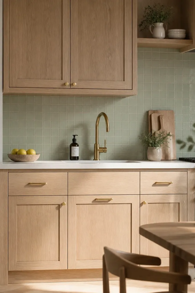 White oak cabinets in matte finish. Backsplash is small ceramic tile in a muted light green. Countertops are cream and hardware is brushed brass.
