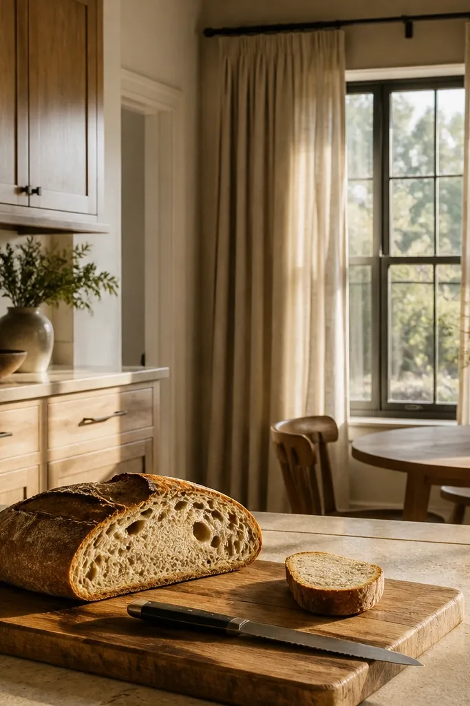 Kitchen window with textured linen curtains in oatmeal. Rustic white oak cabinets with matte finish. A counter shows an oak breadboard and a small ceramic bread basket.