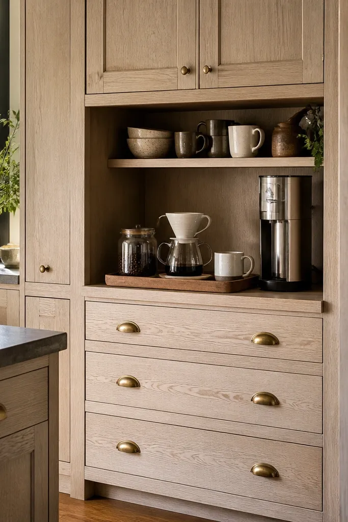 A built-in coffee station niche within white oak cabinets. There are outlets inside the niche, a small shelf for mugs, and a few coffee canisters. Hardware is brushed brass.