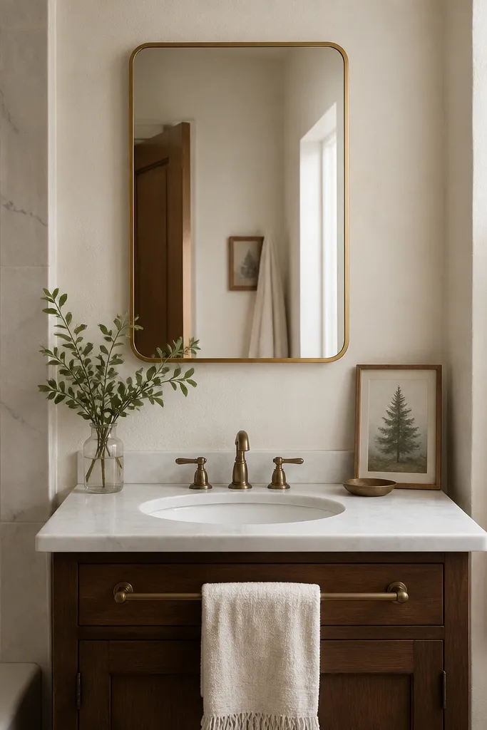 A small full bathroom mirror with a thin warm brass tape border around the edges, a cream hand towel hanging below, and a small framed evergreen print leaning against the wall on the counter behind the sink.