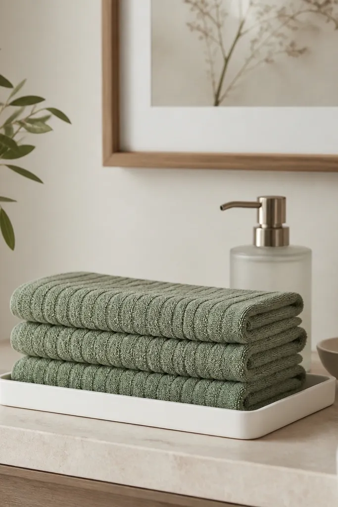 A small white tray sits on a narrow bathroom counter. On top are three folded ribbed towels in sage green, the edges aligned. A frosted glass soap pump and a small ceramic dish sit behind the tray, with a neutral framed print on the wall above.