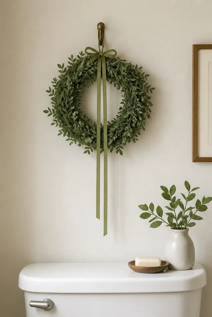 A small green wreath hangs above a toilet tank. A thin ribbon tail drapes down the center, and the wreath is tied to a simple hook. The wall behind is painted warm off-white, with a small framed botanical print to the side.