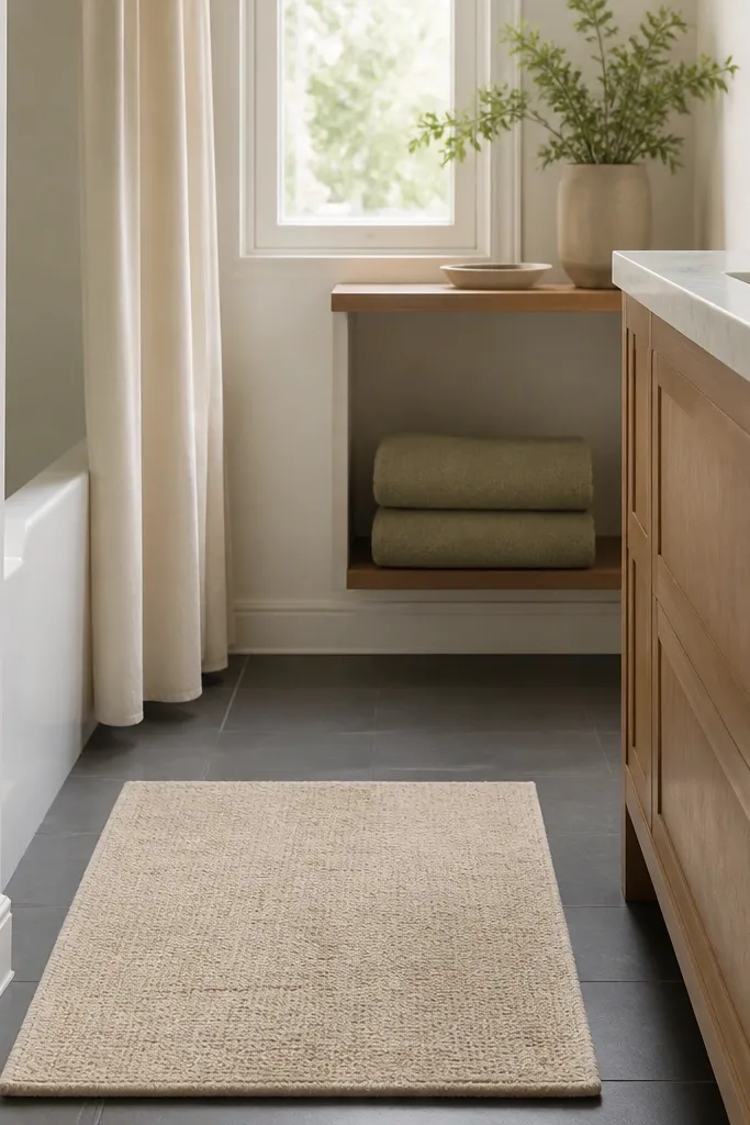 A small bathroom floor with an oat-colored bath mat, two sage green towels folded on a nearby shelf, and a matching toothbrush cup in off-white on the vanity.