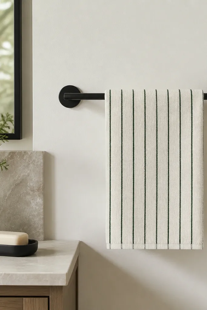 A black towel bar mounted on the wall with a cream hand towel that has thin vertical stripes in evergreen green, plus a small bar soap dish in matte black on the counter.