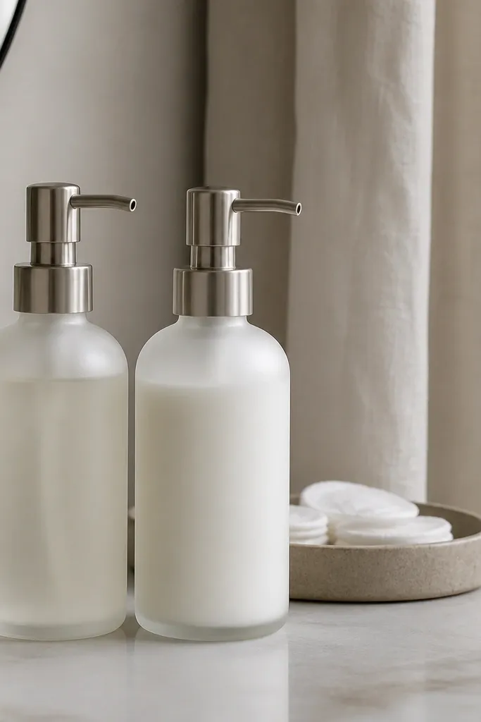 Two frosted glass bottles sit on a bathroom counter, one pump soap and one lotion. They have a brushed metal finish at the top. Behind them, a small tray holds cotton pads, and a linen shower curtain hangs in the background.