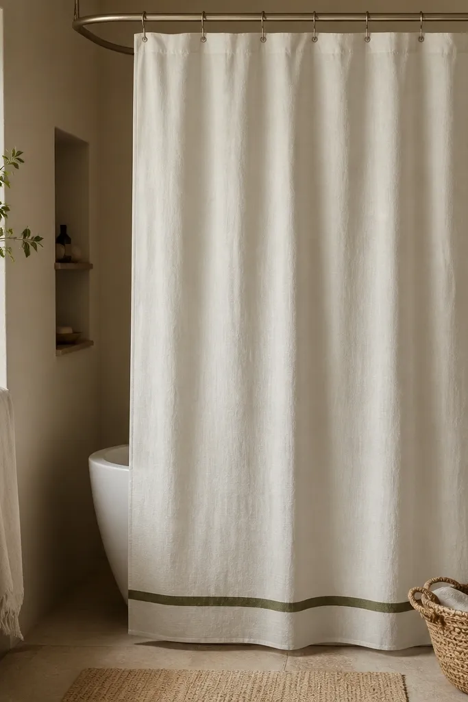 A warm off-white linen shower curtain hangs straight, with a single thin olive stripe running along the bottom hem. The curtain looks textured and slightly weighted. A chrome or brushed bronze shower rod holds it, and a small woven basket sits on the floor.