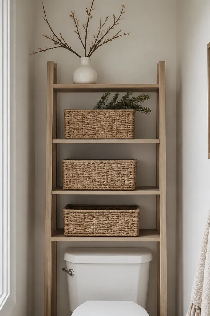 A narrow over-toilet shelf with three woven baskets, a small twig bundle in a white vase on the top shelf, and a single evergreen sprig decoration peeking above the baskets.
