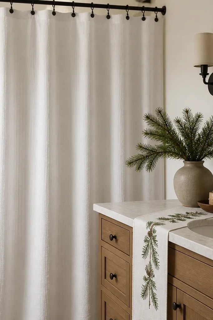 A white linen-look shower curtain with soft folds, black shower curtain rings, and a narrow embroidered evergreen runner placed vertically along the vanity edge near the sink.