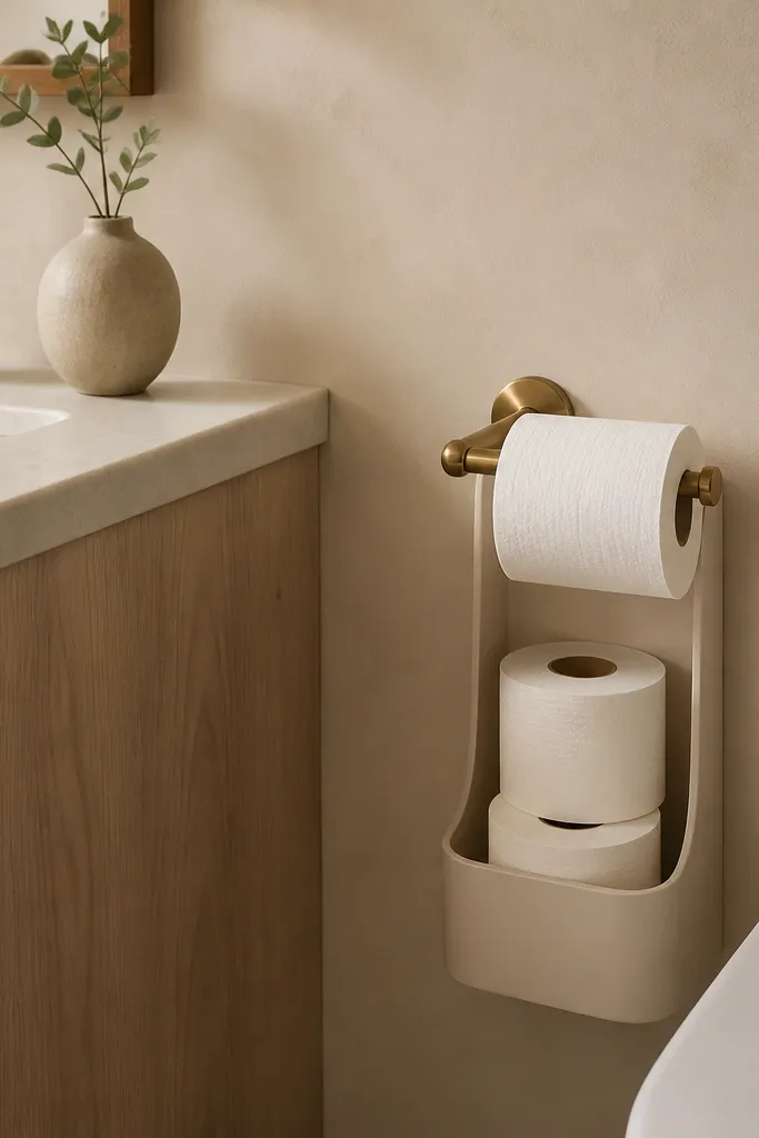 A wall-mounted toilet paper holder includes a small lower basket. The spare rolls are tucked inside, with one roll hanging on the top rod. The finish matches the faucet, and the basket blends into the wall color.
