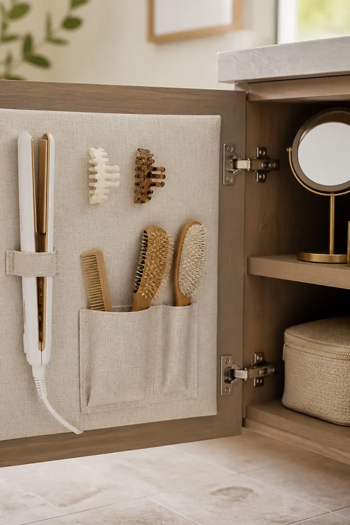 On the inside of a small vanity door, a magnetic organizer panel holds a flat iron, hair clips, and small brushes. The organizer is covered in light linen fabric. A small mirror and a few bottles sit on the cabinet shelves above.