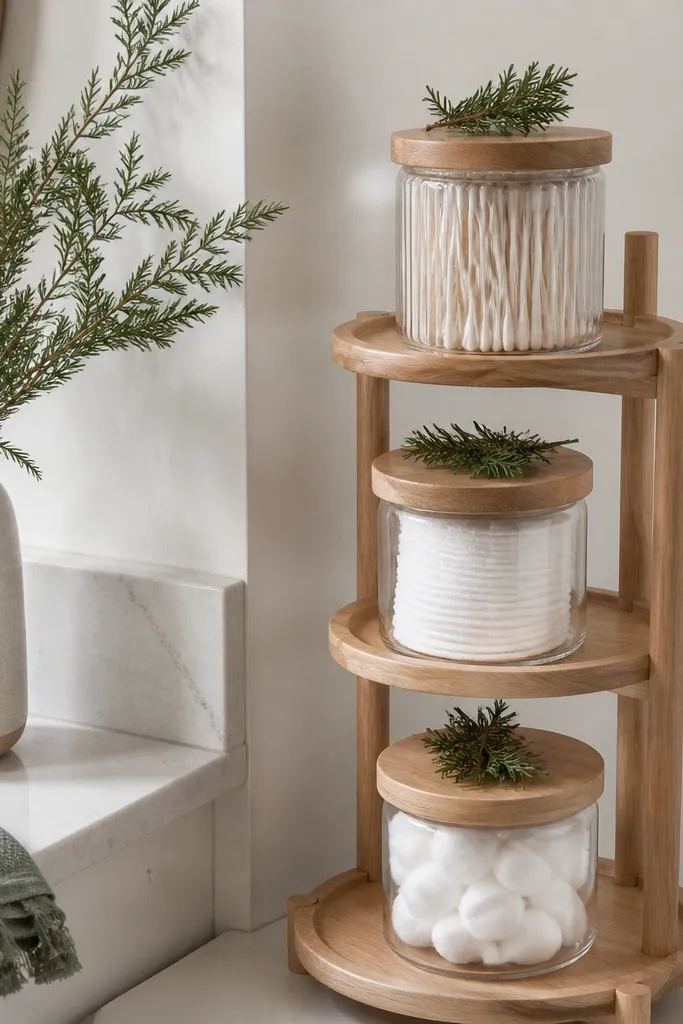 A small bathroom corner with a three-tier stand in light wood, three matching clear glass jars, and cotton pads inside one jar with evergreen labels on the lids.