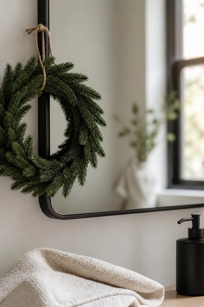 A small artificial evergreen wreath hung on the inside edge of a wall mirror frame, with a cream towel below and a simple black soap pump on the counter.