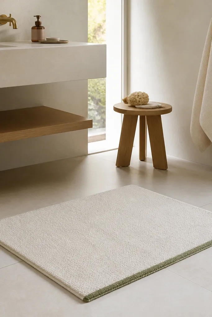 A cream low-pile bath mat sits in front of the sink. Along one edge is a thin green border. The mat has a subtle loop texture and looks absorbent. The floor is light tile, and a towel hangs on a wall hook nearby.