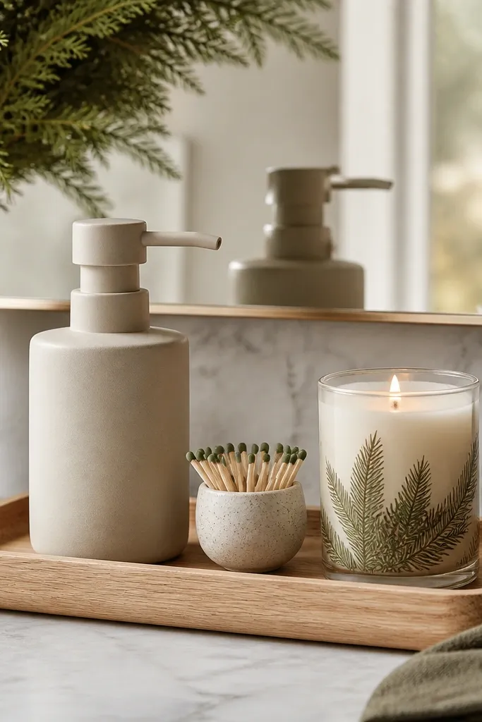 A light oak wood tray on the bathroom counter holding a matte ceramic soap dispenser, a small match holder, and a seasonal candle with a simple evergreen label.