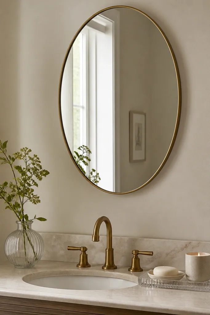 An oval mirror hangs above a small sink. The frame is thin brass. On the counter below, a clear glass tray holds a bar soap dish and a small ceramic candle.