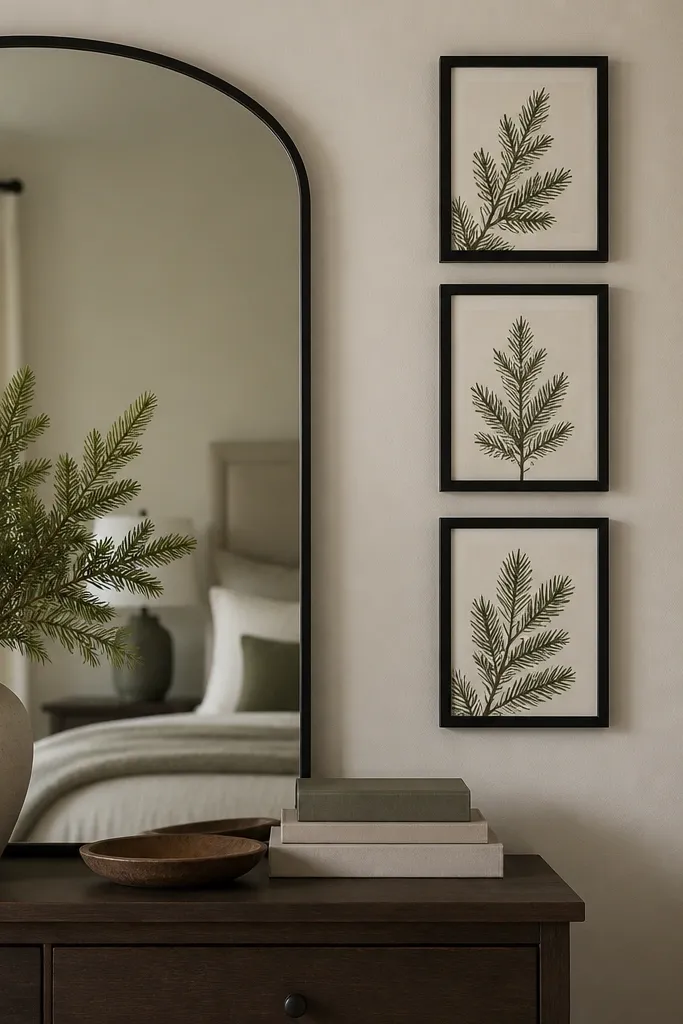 Three small framed prints hang in a vertical strip next to the mirror. The prints show simple evergreen branches in muted green and cream. Frames are matte black, with equal spacing.
