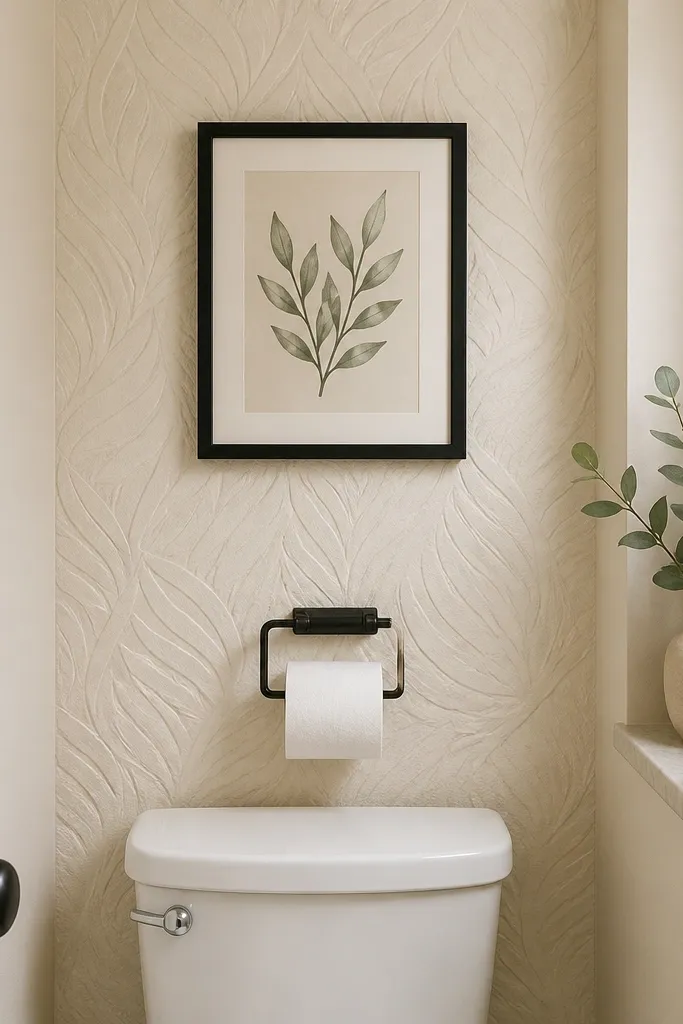 A small bathroom wall behind the toilet has a peel-and-stick textured panel in warm cream with subtle raised pattern, and a small black framed botanical print sits above a toilet paper holder.