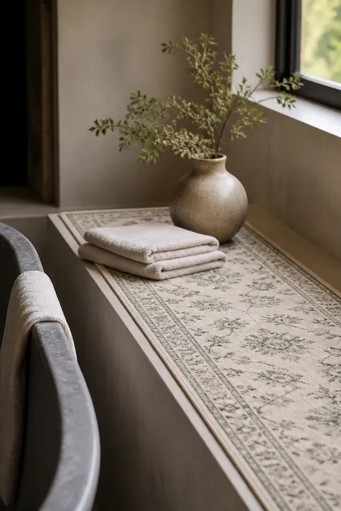 A narrow runner rug lies on a low shelf or bench area next to the tub. The rug is cream with a subtle green pattern. A folded towel and a small ceramic vase sit on top.