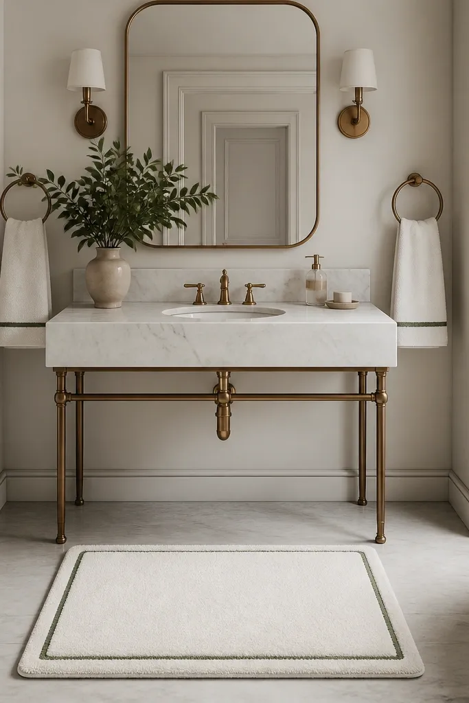 A bath mat in warm white with a thin border line in muted evergreen green, placed centered in front of the sink, with matching towel rings.