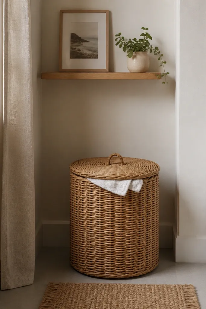 A small rattan hamper sits in a bathroom corner under a narrow wall shelf. The shelf has a small framed print and a tiny plant. The hamper lid is woven, and towels peek out slightly.