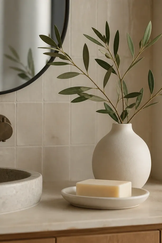 A small matte ceramic vase in warm white sits on the counter. It holds a faux olive branch with a few leaves in muted green. A bar of soap rests in a dish nearby.